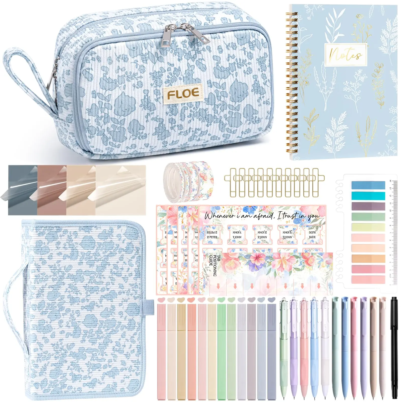 FLOE Bible Study Supplies Journaling Kit for Women with Bible Cover Case,  Easter Christmas Christian Gifts for Women, Bible Study Tools Accessories Set with Highlighters Pens, Pencil Case Notebook Annotation Kit