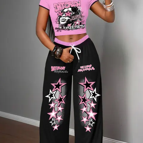Women's Y2K Style Letter Tee + Wide Leg Pants Set, Streetwear Sexy Sportswear, Athleisure Clothes, Short Top Long Pants Set, Urban Fashion, Sport Casual Outfit, Athleisure Workout Set, Casual Activewear Set, Casual Sporty Set