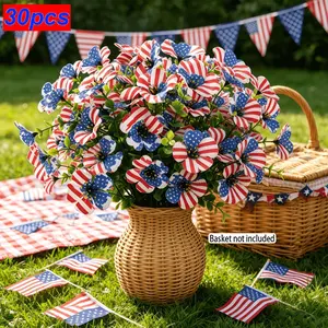 30pcs American Independence Day Faux Bouquet, Decorative Artificial Flowers, Red White Blue Petals American Flag Design, Durable Plastic, Indoor Outdoor Decor, Suitable for Independence Day And Anniversary Home And Table Decoration, Party Decor