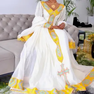 Ethiopian Traditional Dress White with Yellow and Blue Embroidery Cultural Fashion Wear for Women