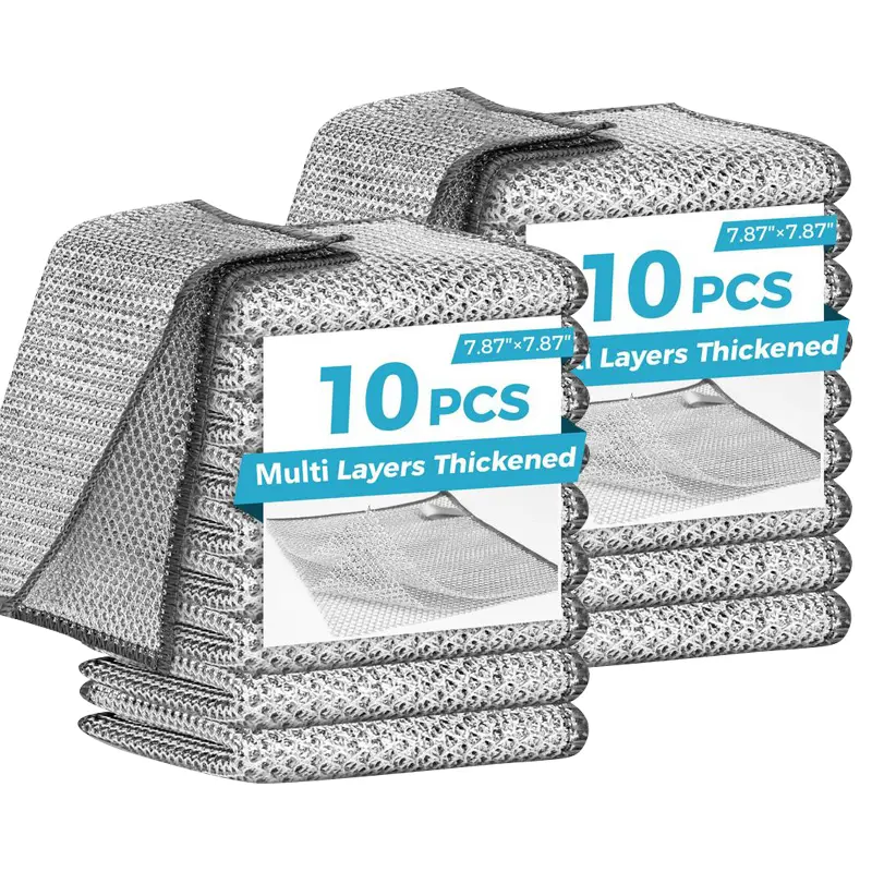 Double-Layer Thick Stainless Steel Mesh Cleaning Cloths, Reusable Metal Scrub Pads 10/20 Pack, Wet Dry Dual Purpose Kitchen Dish Washing Wipes, Heavy Duty Household Cleaning Supplies