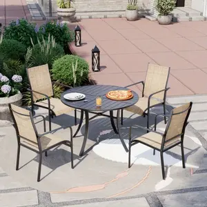 5 Piece Patio Dining Set, Outdoor Dining Table and Chairs Set For 4, 4 Textilene Chairs, 1 Iron Round Table With Adjusta