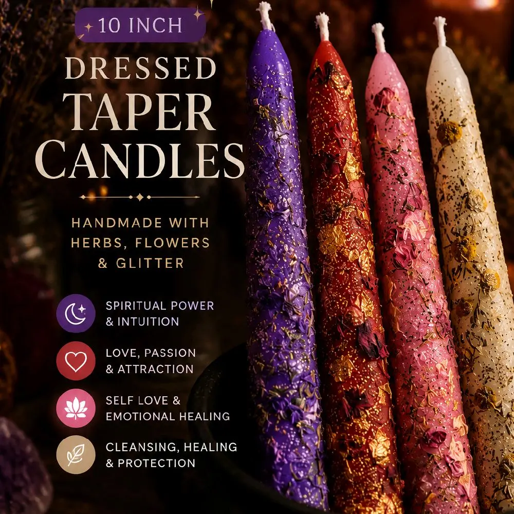 10-Inch Handmade Dressed Taper Wax Candles with Candle Holder Herbs, Flowers & Glitter  for Spiritual Power, Self-Love & Emotional Healing Protection