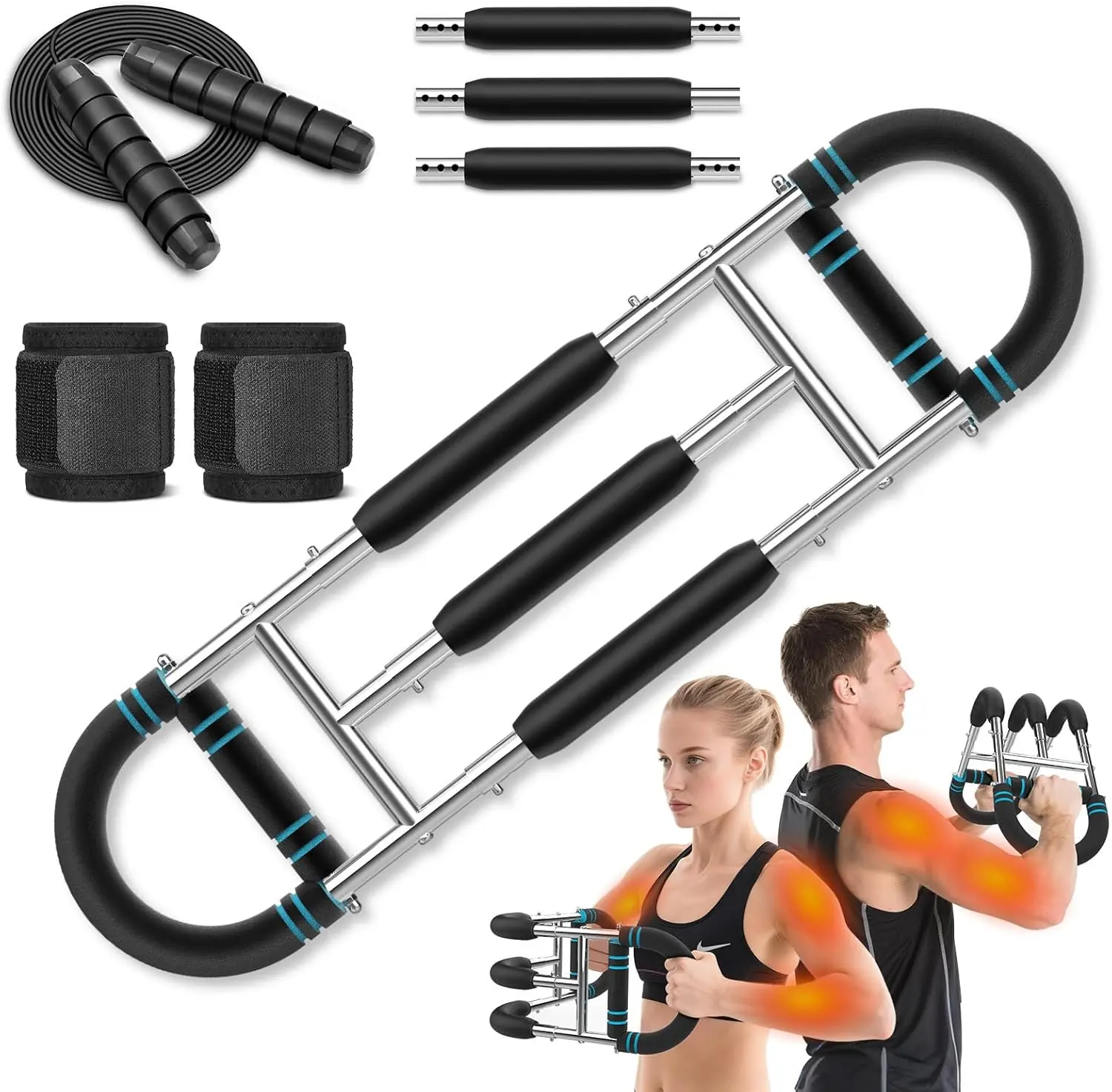 Double triple-spring twisting arm trainer, adjustable resistance, Chest Arm Shoulder Workout Equipment, portable and detachable twisting arm trainer, Adjustable grips and mechanical counte，gym/home chest expander (blue)