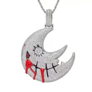 2205 Iced Out Scary Crescent Moon Bloody Face Pendant Necklace with Bold Edgy Design for Special Occasions and Everyday Wear Gothic Mystery Jewelry customizable with engraved letters, logos or patterns