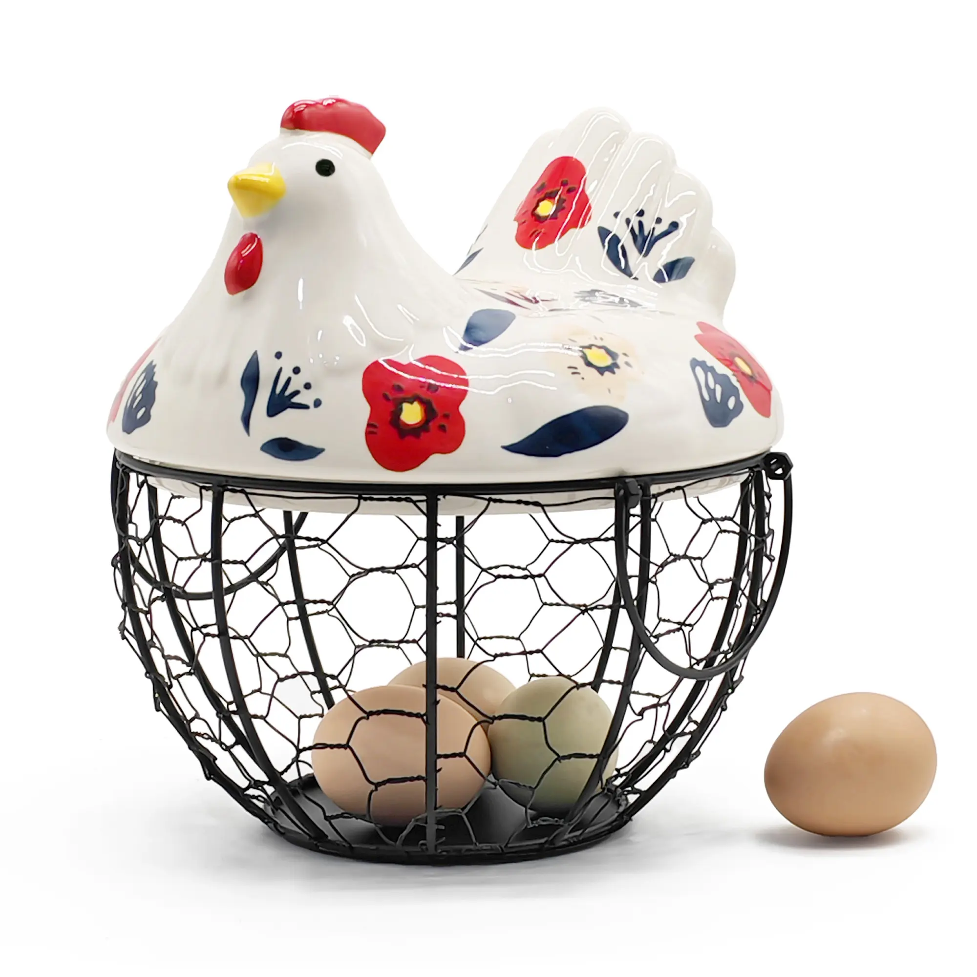 Farmhouse Round Ceramic Egg Basket with Durable Metal Wire Frame Lift-Off Lid for Freshness, Heat-Resistant Kitchen Food Storage Organizer for Eggs, Fruits, Vegetables