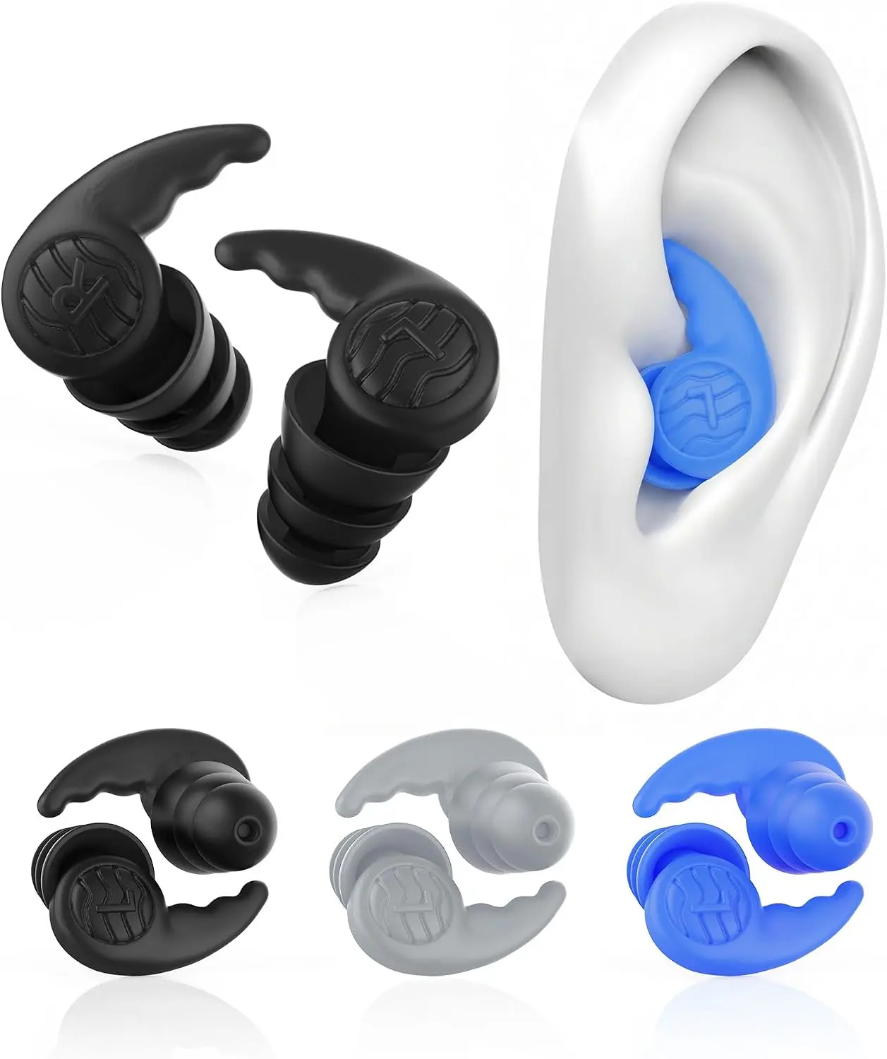 3 Pairs Swimming Earplugs Waterproof Silicone Ear Plugs for Swimming Surfing Shower Kayaking, Water Out Sound In Comfortable Reusable Ear Protection for Adults Teens with Storage Case, Black Gray Blue