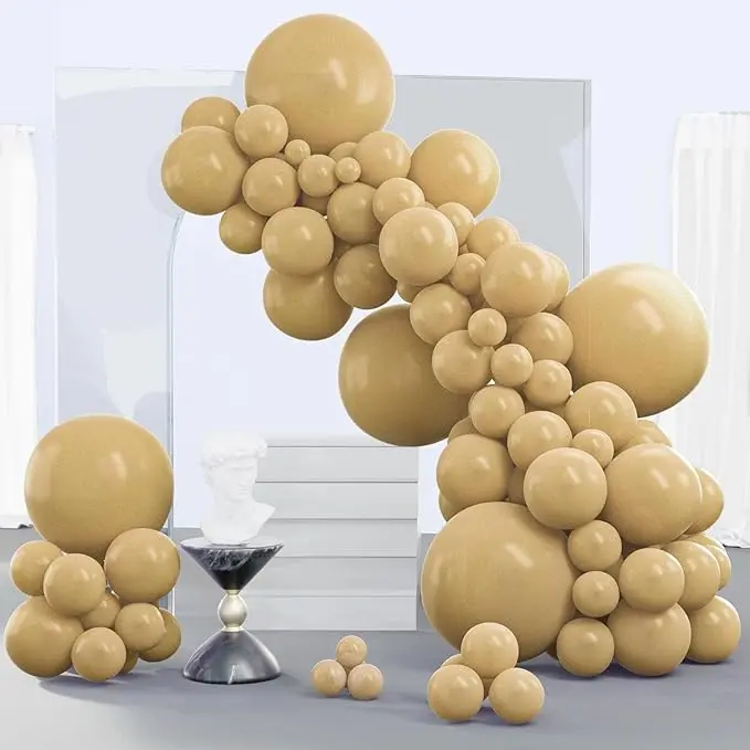 PartyWoo Thick Rubber Balloons Kit, 140pcs Multi-Size Round 18/12/10/5in Long-Lasting Light Brown Neutral Boho Decor for Wedding, Anniversary (Brown-F19), 10 Inch