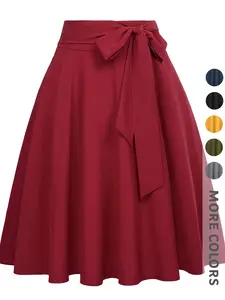 New Spring Summer Women's Solid Color Midi Skirt High Waist Zipper Design Umbrella Hem Bow Belt Elegant Feminine Fashion Commuter Versatile