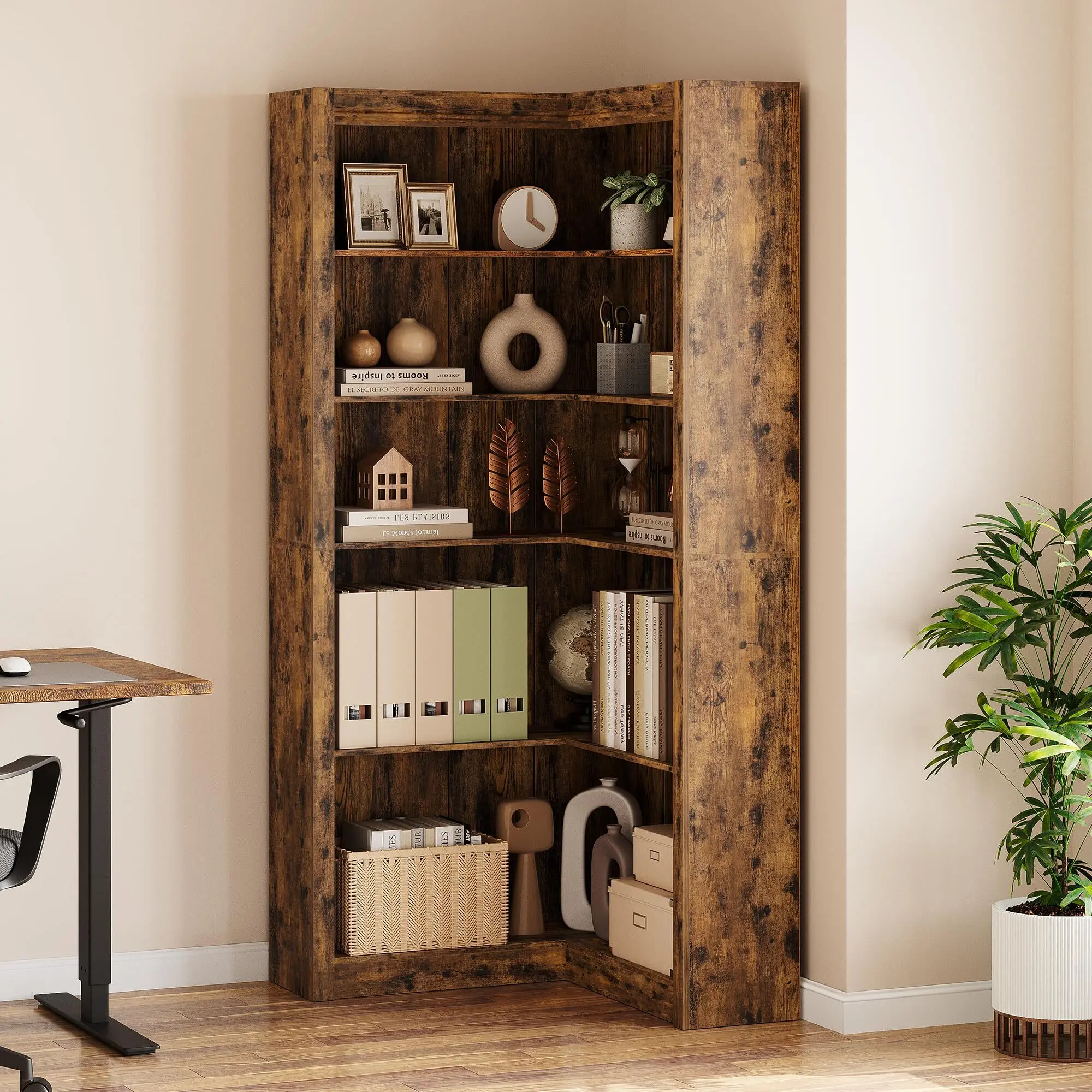 Corner Bookshelf, 71.8'' Farmhouse Corner Bookcase, L-Shaped Bookshelf Large Bookcase, 5 Tier Display Shelf Heavy Duty Bookcases, Bookshelves with Storage for Office Living Room Bedroom