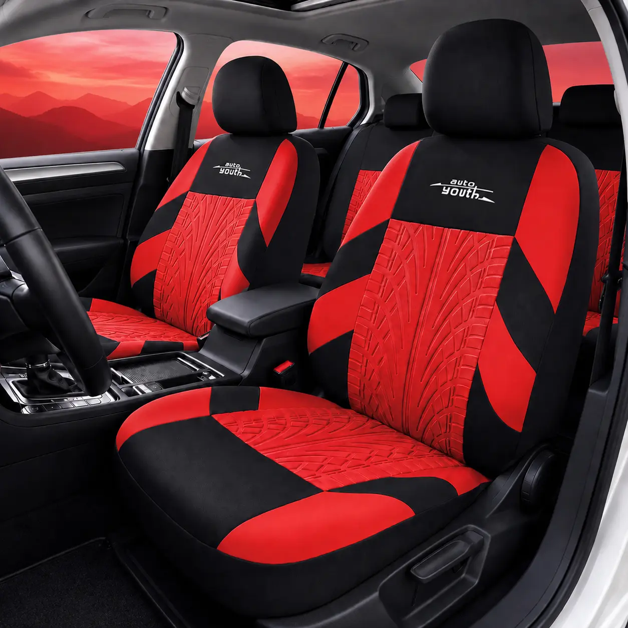 AutoYouth Universal 5-Seater Car Seat Covers Full Set, Breathable Fabric Automotive Seat Protector with Sporty Red & Black Design, Front & Rear Seat Covers for Sedan SUV Truck, Airbag Compatible, Black Gray Red Car Decor Gift, Car Interior Accessories