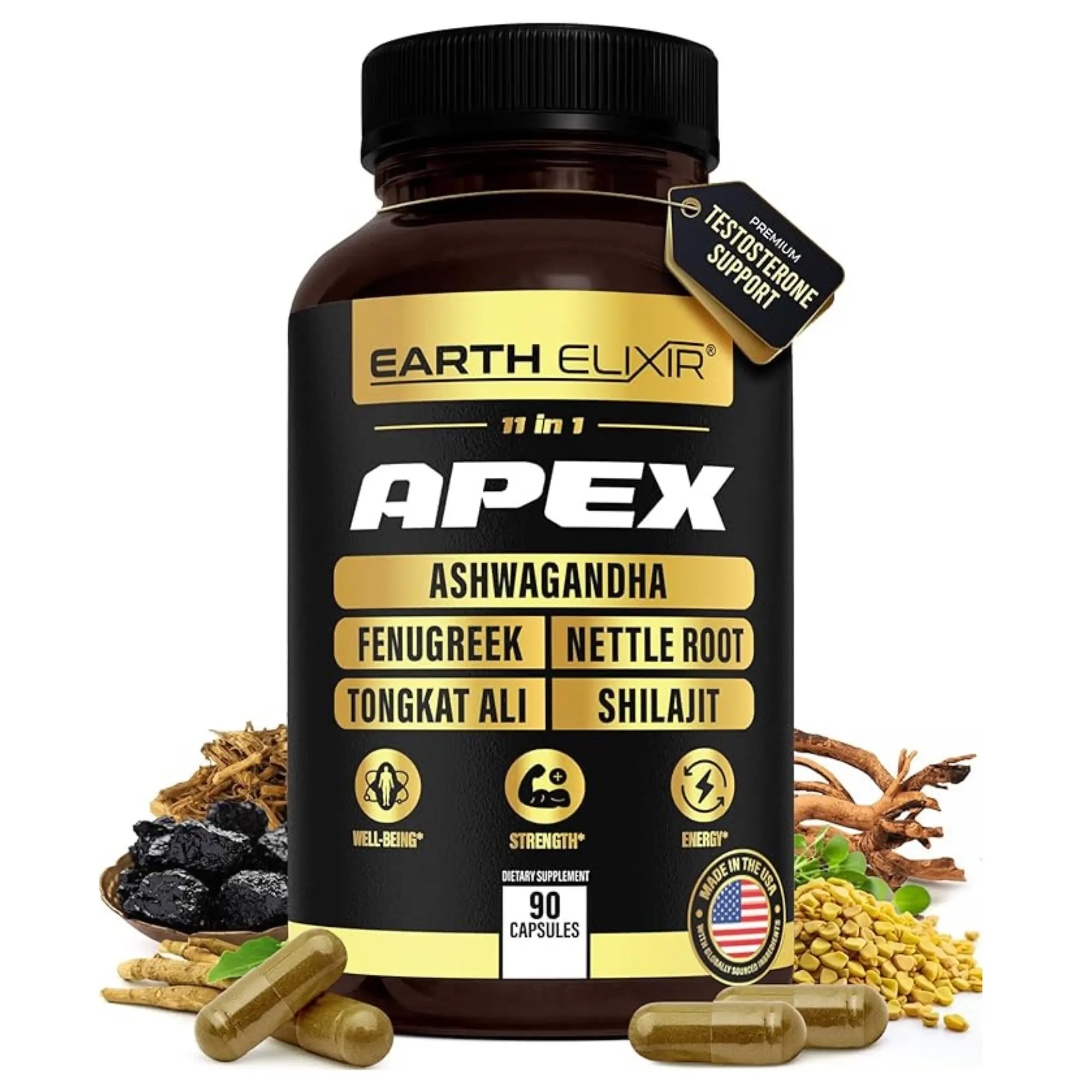 Earth Elixir Apex Men’s Daily Vitality Support – 11-in-1 with Ashwagandha, Tongkat Ali, Shilajit, Zinc + Vitamin D