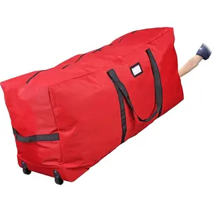 Holiday Rolling Tree Storage Bag, Fits Up to 6 ft. Tall Disassembled Christmas Tree, 22"x16"x 50" Large Heavy Duty Xmas Storage Container with 2 Wheels & Handles, 600D Oxford (Red)
