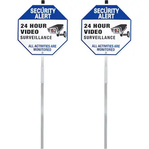 Alert 24 Hour Video  Yard Sign with Stake, Reflective Metal CCTV  Sign Outdoor, Blue, 10 x 10 inch, 2 count