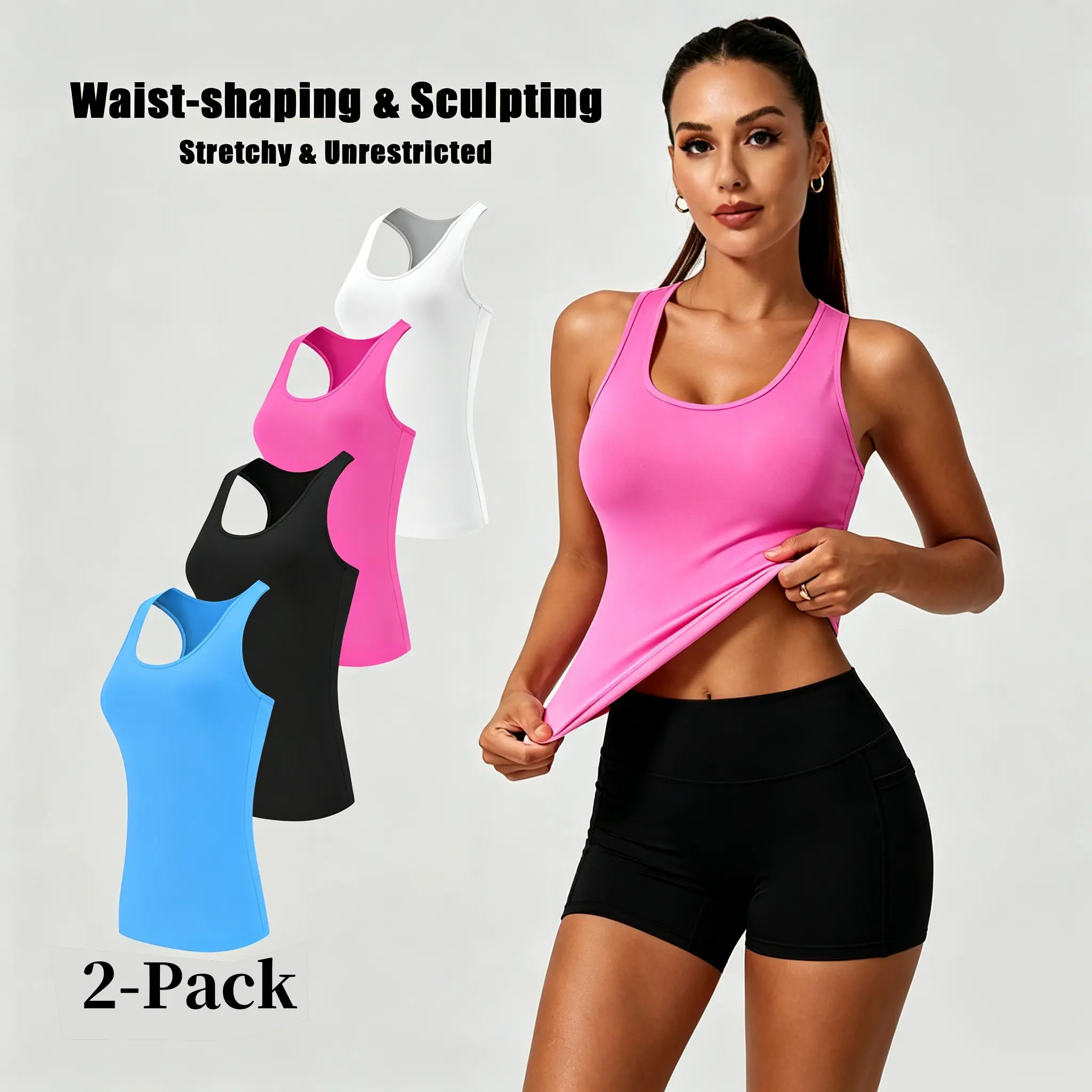 Women's 2-Pack Sculpting Tank Tops, Female Athletic Lightweight Sleeveless Tops with Breathable Slim-Fitting Waist-Slimming Design, Machine Washable for Casual & Outdoor Wear, Versatile Outfits, Sporty