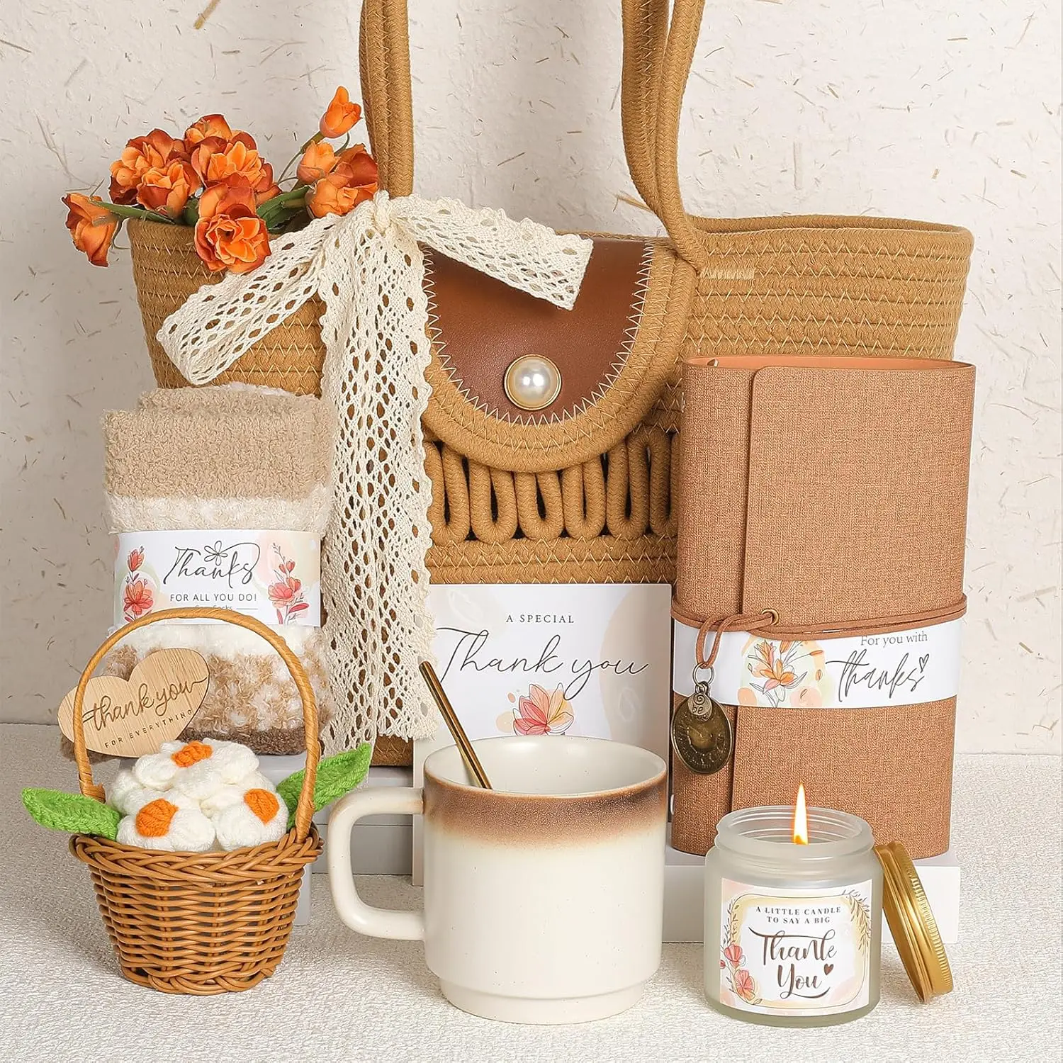 Thank You Gifts for Women,Teacher Employee Appreciation Gift,6PCS Vintage Appreciation Gift Basket for Coworkers Nurse Friends Boss with Woven Tote Bag,Leather Journal,Mug Candle