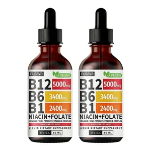 (2-bottle) Vitamin B12 Liquid Edible Supplement Drops with B6, B1, Niacin & Folate for Energy, Brain & Heart - Raspberry, & Strawberry 27,200 mcg per Serving, 4 fl Oz