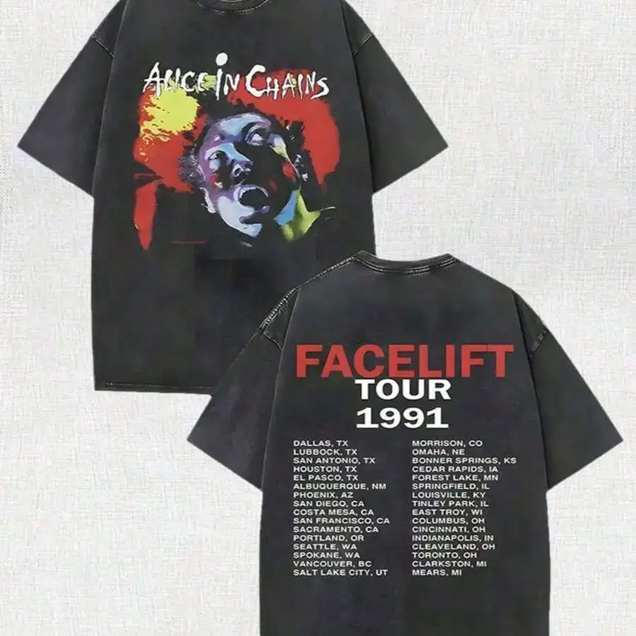 Men's Vintage Washed Black Baggy Oversized Loose-Fit Medium-Length Short-Sleeve Multi-Size Double-Print Alice In Chains Facelift Tour 1991 Graphic Tee - Retro Streetwear for Daily, Outdoor Wear (Men's Tops)