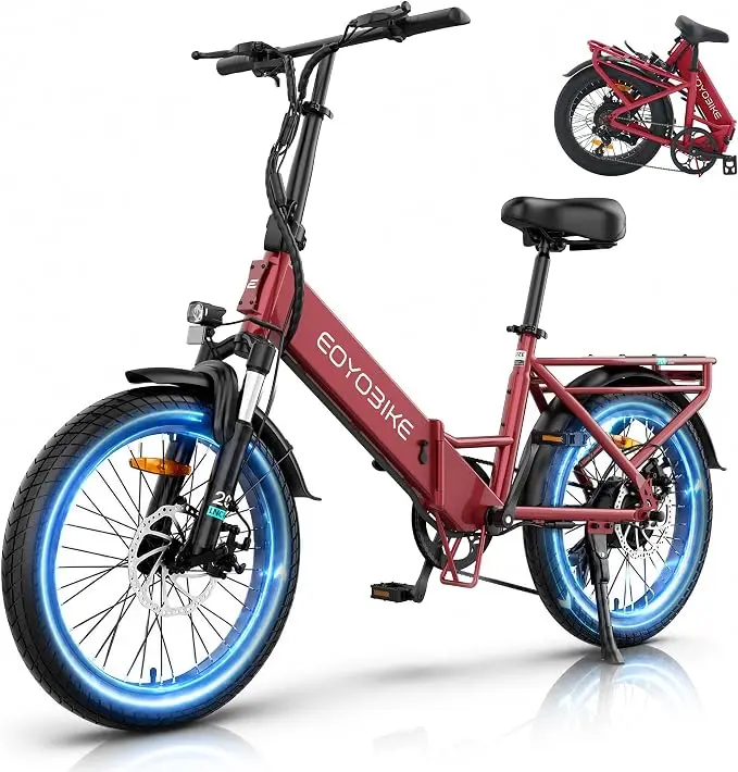 EOYOBIKE FD1 500W Foldable Electric Bike for Adults, 20" x 3.0 Fat Tire, 48V 10Ah Battery, 7-Speed with Front & Rear Lights for Outdoor Leisure