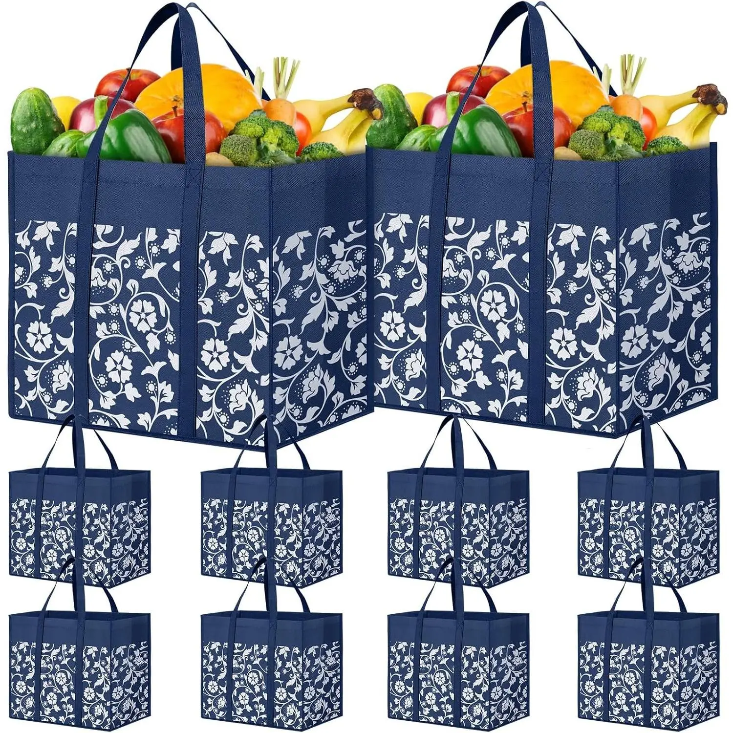 Grocery Bags Foldable Tote Bags bulk with Reinforced Handles Shopping Bags for Groceries Heavy Duty Large bags Kitchen  Grocery Bags with  Coating 10-Pack, Blue