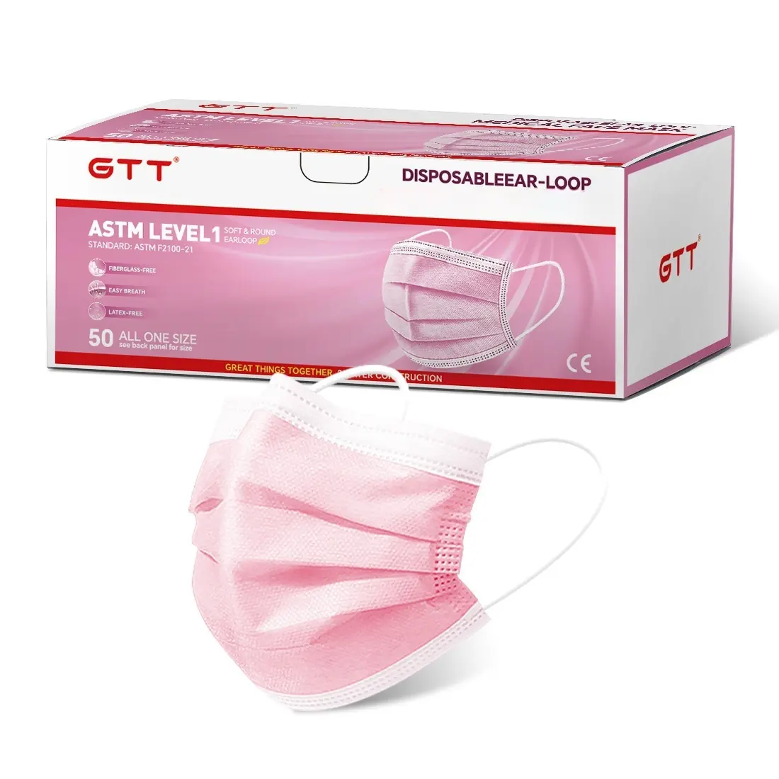 GTT 50-Pcs Pink Fashion Glamorous Female Disposable 3-Ply Ear-Loop Breathable Face Covering, ASTM Level 1 Certified Protective Masks, 1-Size, Casual Everyday Adult Use for Affordable Commute & Basic Coverage, Face Covering Mask