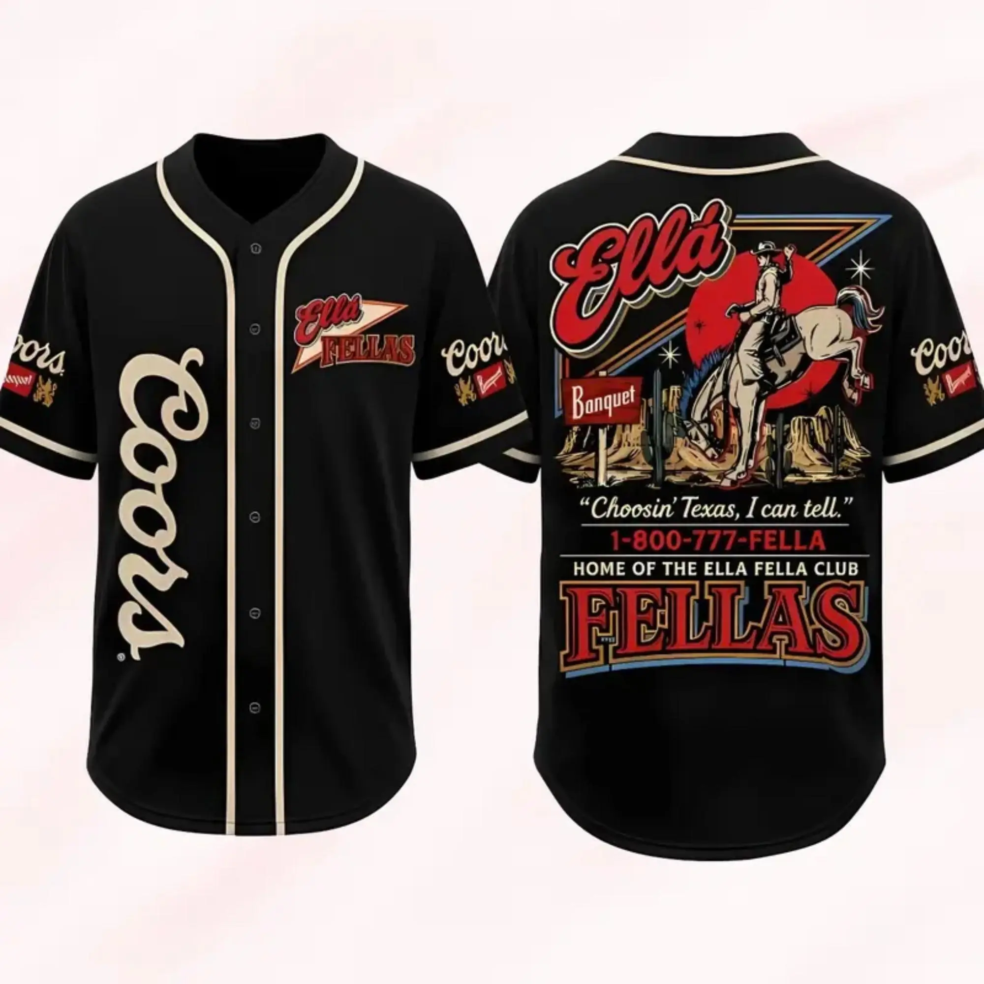 Vintage Collections Ella Fellas Western Baseball Jersey for Men Women, Retro Cowboy Beer Style Button Up Country Shirt USA