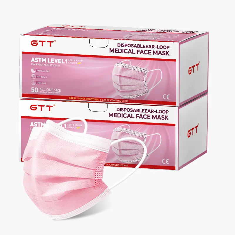 GTT Retail Disposable 3-Ply Latex-Free PPE Face Masks - Adult Size, 95%+ Filter Efficiency, Breathable Elastic Ear Loops, 3-Layered Face Covering (50/100Pcs, Pink/Black) for Outdoors, Office