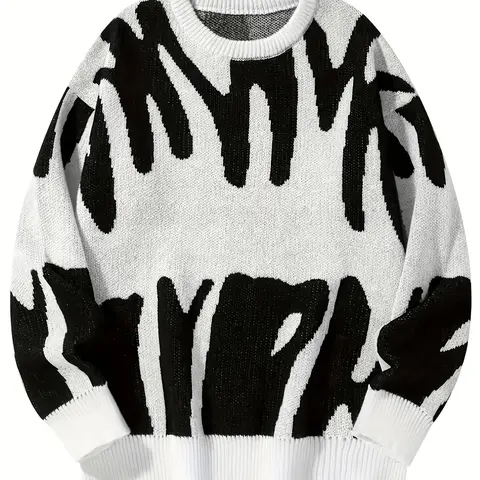 Men's Fitted Colorblock Knitted Round Neck Long-Sleeve Sweater - Autumn Winter Thanksgiving New Year Casual Stylish Polyester Menswear for Pairing with Jeans
