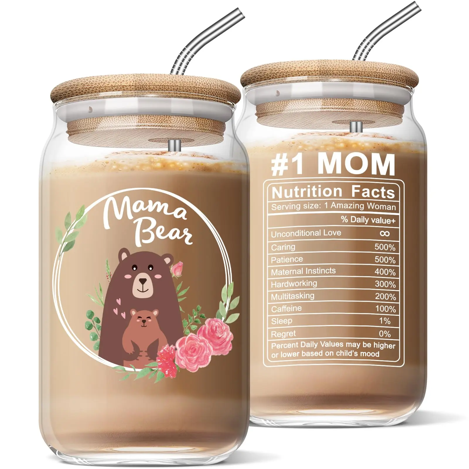 16oz Round Mama Bear Portable Glass Tumbler - Travel Mug with Lid and Straw, Large Iced Coffee Kitchenware Drinkware, Mothers Day Gift, Anniversary Gift for Women, Mothers Day Gifts