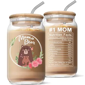 Gifts for Mom - Mama Bear 16 Oz Iced Coffee Cup with Lid and Straw Mom Glass Tumbler Mothers Day Travel Mugs Birthday Valentine Anniversary Christmas New Year Thank You Gift for Women Mum Wife Coworkers Funny Glass Cup