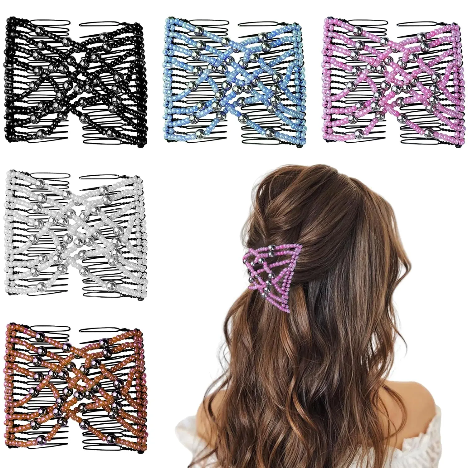 Women's 5-Piece Plastic Stretchy Double-Teeth Magic Comb Hair Clips - Adjustable Clip, No-Crease Elastic Pins, Comfortable Vintage Bun Maker for Curly Thick Wavy Hair, Daily & Wedding Use, Female