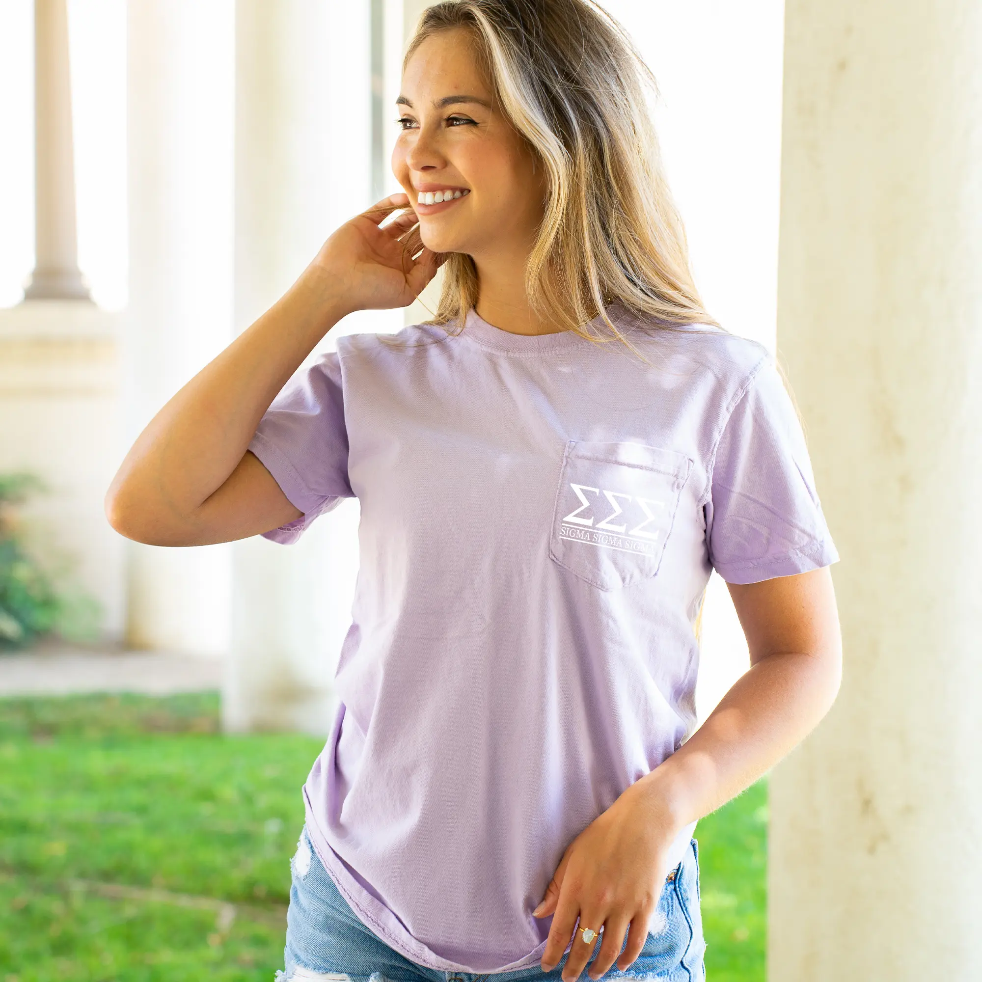 Sigma Sigma Sigma Block Letters Pocket Tee - Orchid