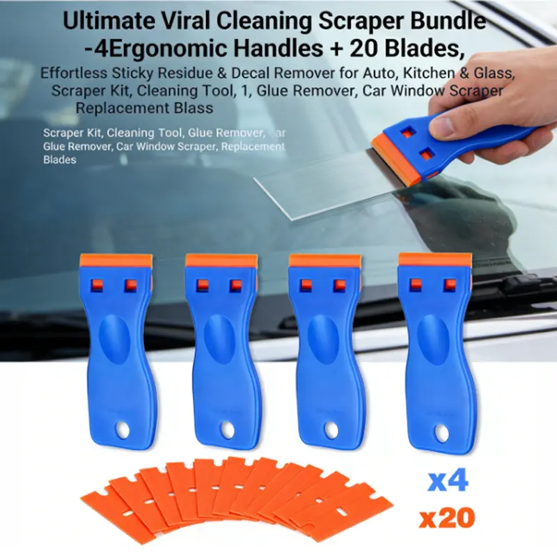 1Set Plastic Razor Blade Scraper, 4/6PCS Scraper Tool with 20/30PCS Plastic Blades, Cleaning Scraper Remover for Stickers, Decals, Adhesive, Labels, Paint, Glass, Car, Window, Caulk, No Scratches，ticker Glue Label Remover for Kitchen Cleaning