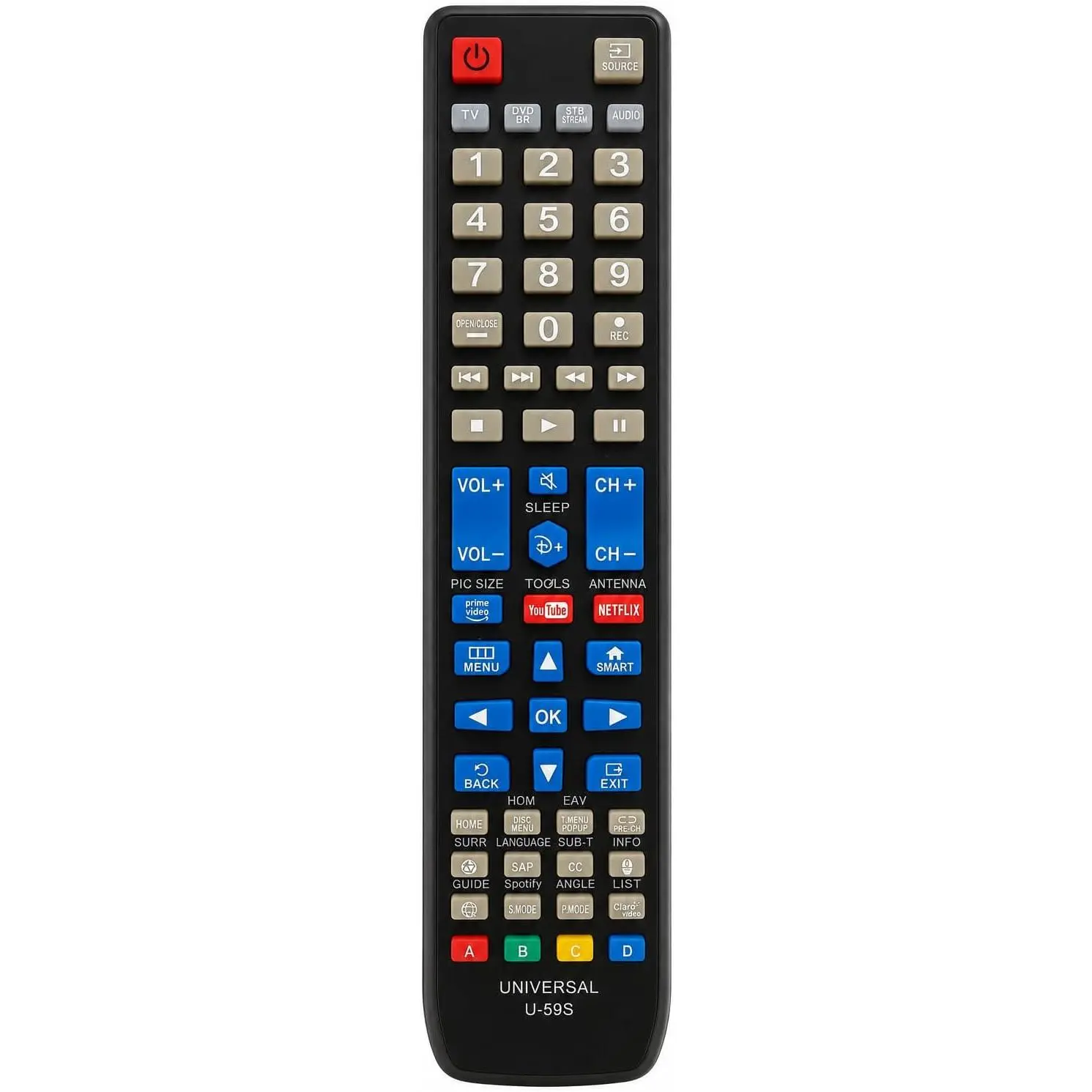 U-59S Universal Remote Control for Smart TV, LED LCD TV, Streaming, DVD/Blu-Ray, Home Theater & Soundbar – Multi-Function Replacement Remote with Netflix, YouTube & Prime Video Buttons