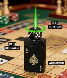 (Butane Gas Not Contained) Stylish Windproof Playing Card Lighter with Rotatable dice,Green Flame Lighter,Creative Novelty Lighter,Ideal gift for boyfriend,husband,friend