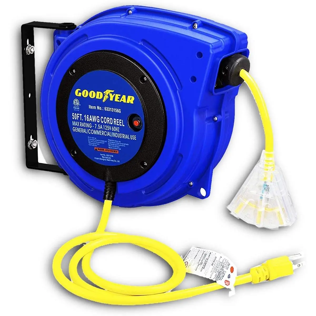 Goodyear Commercial Extension Cord Reel, 16AWG x 50' Retractable Polypropylene Model, 2 Non-Snag Rollers, 3-Prong Plug, 36-Inch Lead-In Cord