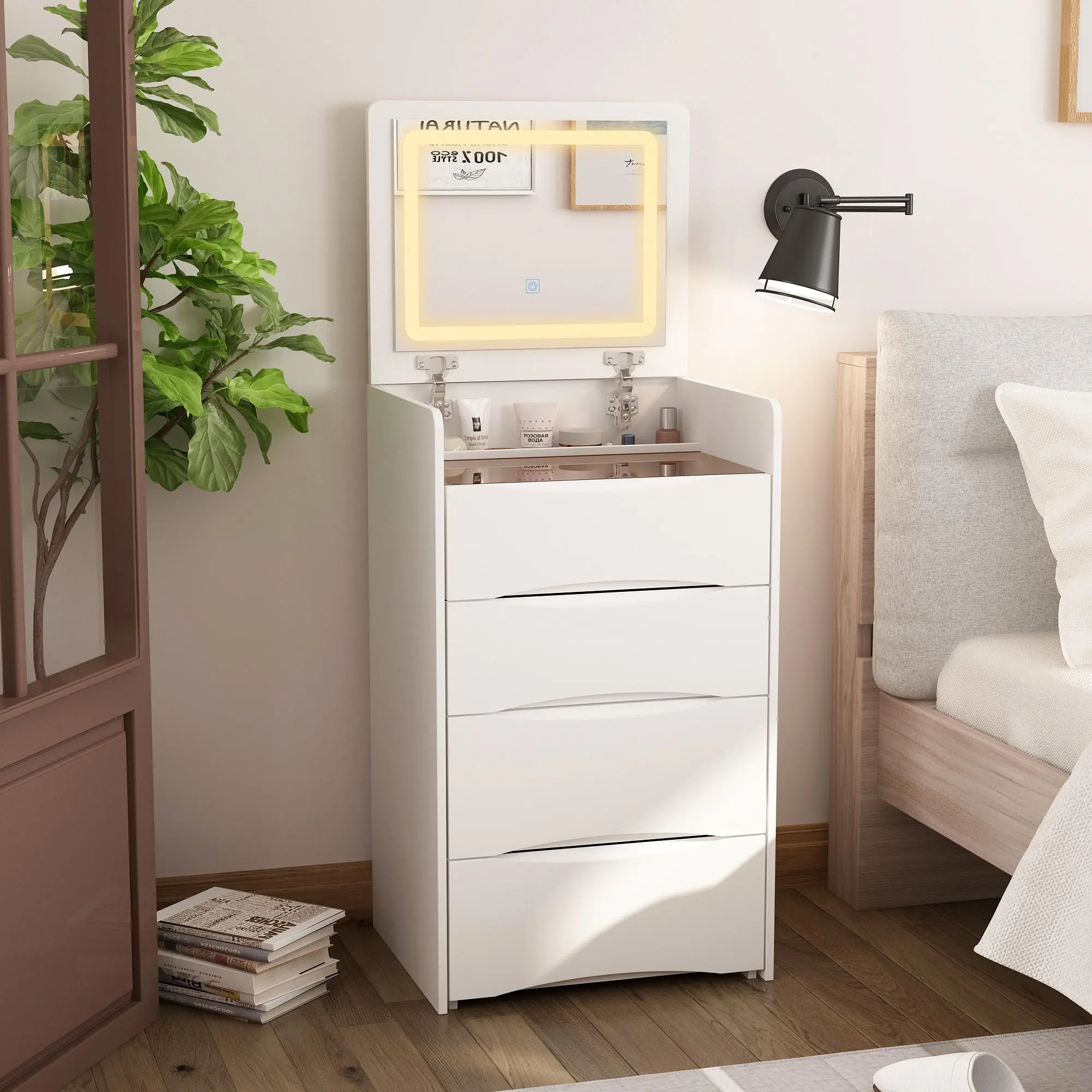 FUFU&GAGA 4-Type LED Lighted Makeup Dressing Desk - Sturdy, Stable Vanity Table with 3-Light Mirror, Storage Drawers and Matching Stool for Makeup Application