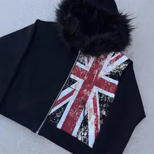 Y2K?Fur?Collar?Zipper?Sweater INS?Printed?Long?Sleeve?Pullover?Hoodie?Retro?Street?Jacket