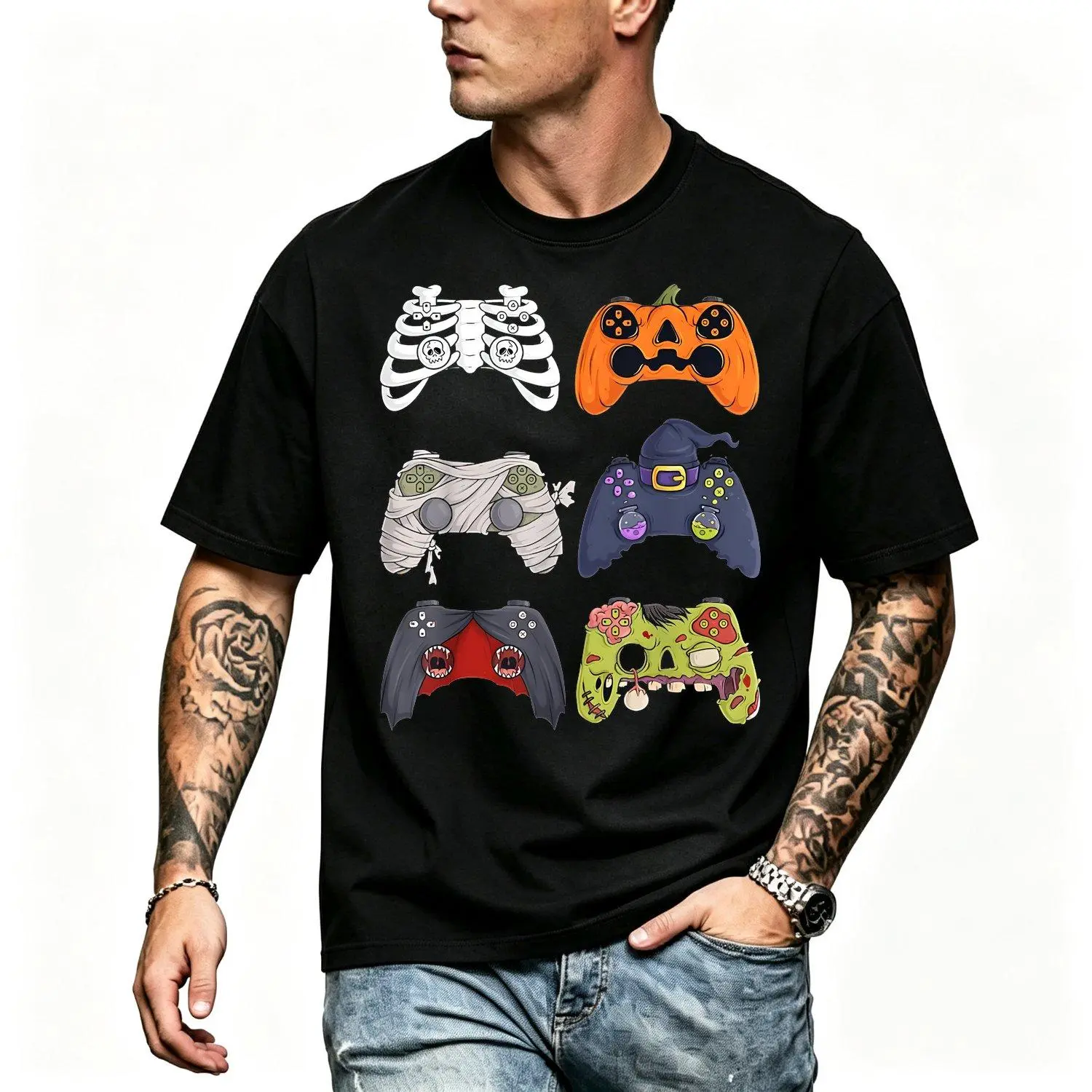 Halloween Gaming Fun Skeleton Mummy Design Halloween Gaming Controller Graphic Soft Breathable Fabric Short Sleeve Crew Neck Mens Short Sleeve T Shirt Ideal For Summer Birthday Celebrations Casual  Tee Shirt
