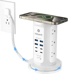 Kakyanill Compact Surge Protector Power Strip Tower - 9 AC Outlets, 8 USB Ports (4 USB-C), 6 Ft Retractable Extension Cord, Charging Station for Office Devices, Tech Accessories, White