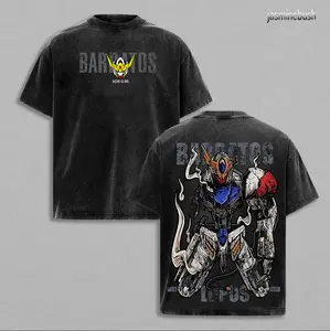 Gundam Barbatos Lupus Shirt ASW-G-08 Mecha Oversize anime Double Printed Acid Cotton Washed Top graphic tee shirt clothes fan T-shirt Vintage