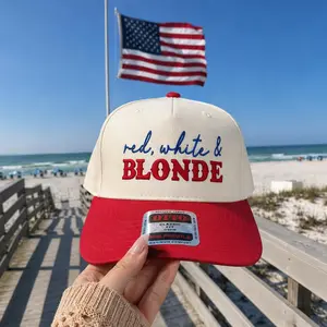 Red White & Blonde Embroidered Vintage Trucker Hat, Patriotic USA Flag Mesh Back Baseball Cap, Adjustable Snapback Breathable Durable Headwear for Women 4th of July Independence Day Memorial Day Holiday Party