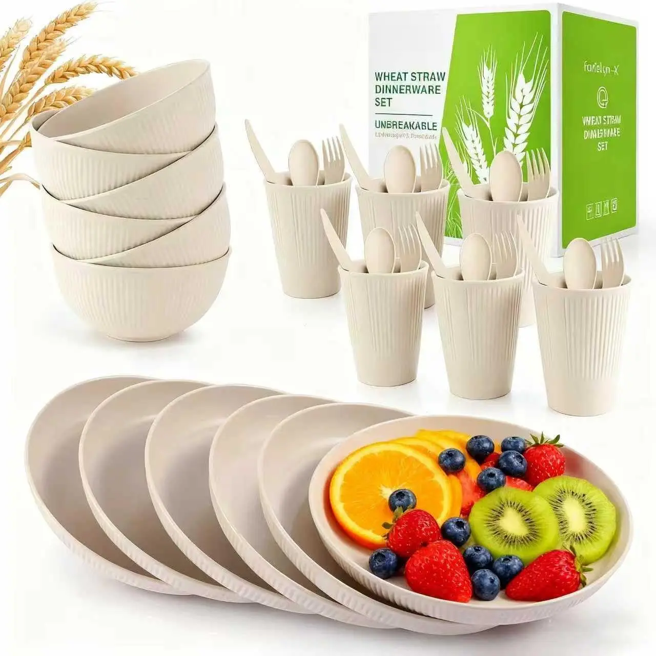 36- Wheat Straw Dinnerware Sets for 6,  Unbreakable  Set Kitchen Cups, Plates, Bowls Sets & Cultery Dishwasher Microwave Safe - Patio, Outdoors, RV, Camping Dishes