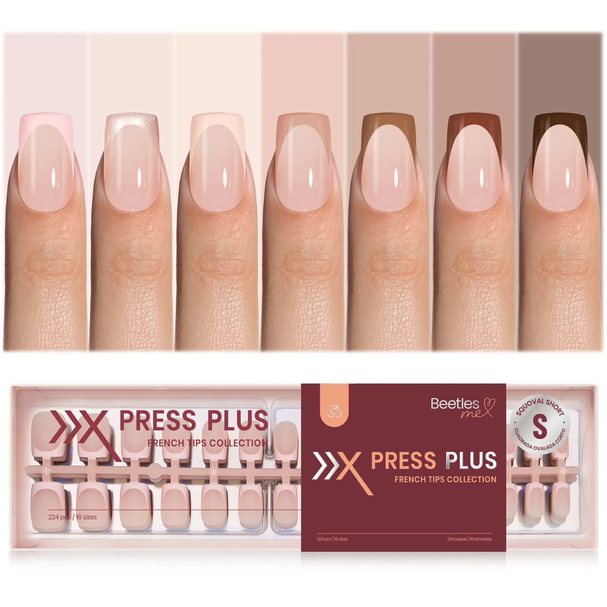 beetles Gel Polish Xpress-On Nails, 224 Pcs Short Square French Tip Kit, 7 Glitter & Nude Colors in 16 Sizes, Salon Quality Acrylics for Gel Nails at Home, Nail Ideas
