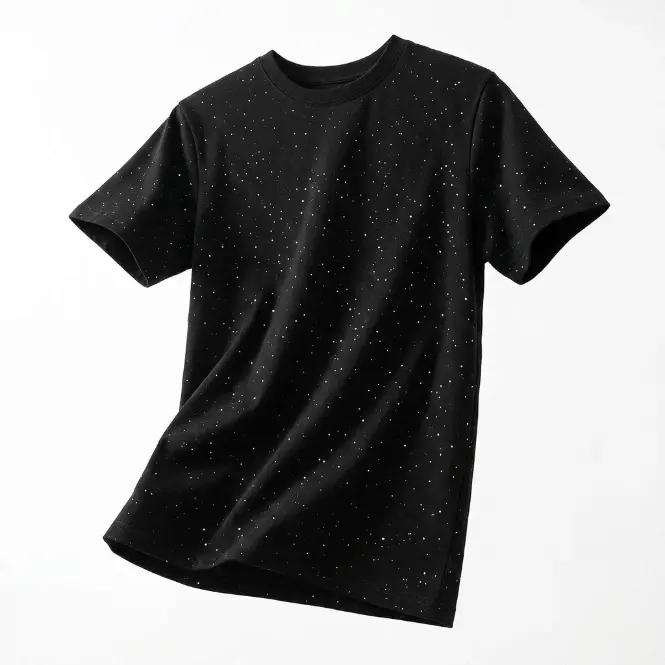 Unisex Classic Crew Neck Short Sleeve Cotton Basic T-Shirt - Star Pattern Rhinestones Sparkle, Casual Tee, Machine Washable Fitted Black Streetwear Top