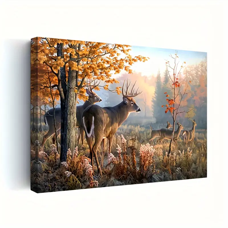 Artistic Wooden-Framed Canvas Wall Art - Multi-Size Animals Deer Scene Autumn Forest Landscape, 20x30 in/12x16 in Indoor Living Room & Bedroom Home Decor, Decoration