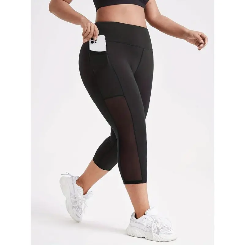 Women's Plus Size High Waist Sporty Sports Bottoms - Contrast Mesh Sheer Pocket High Stretch Single Jersey Capris Leggings for Yoga, Indoor-Outdoor Wear, Sporty Chic