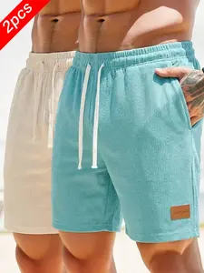 2pcs Men's Waffle Texture Shorts, Athletic Wear Shorts, Soft Breathable Fabric, Drawstring Waist, Side Pockets, Casual Style, Home, Outdoors, Fitness
