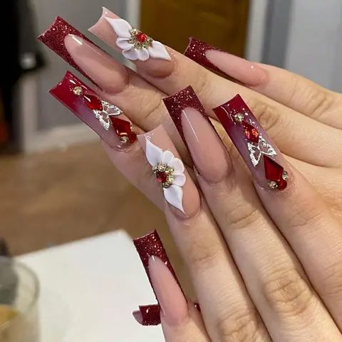 New Fall Winter Christmas Valentine's Day Long Nail Tips, Press-On Fake Nails, Glossy Fake Nails, Salon Quality Nails, Elegant Bow French Manicure, Nail Art, Reusable with Jelly Glue and File