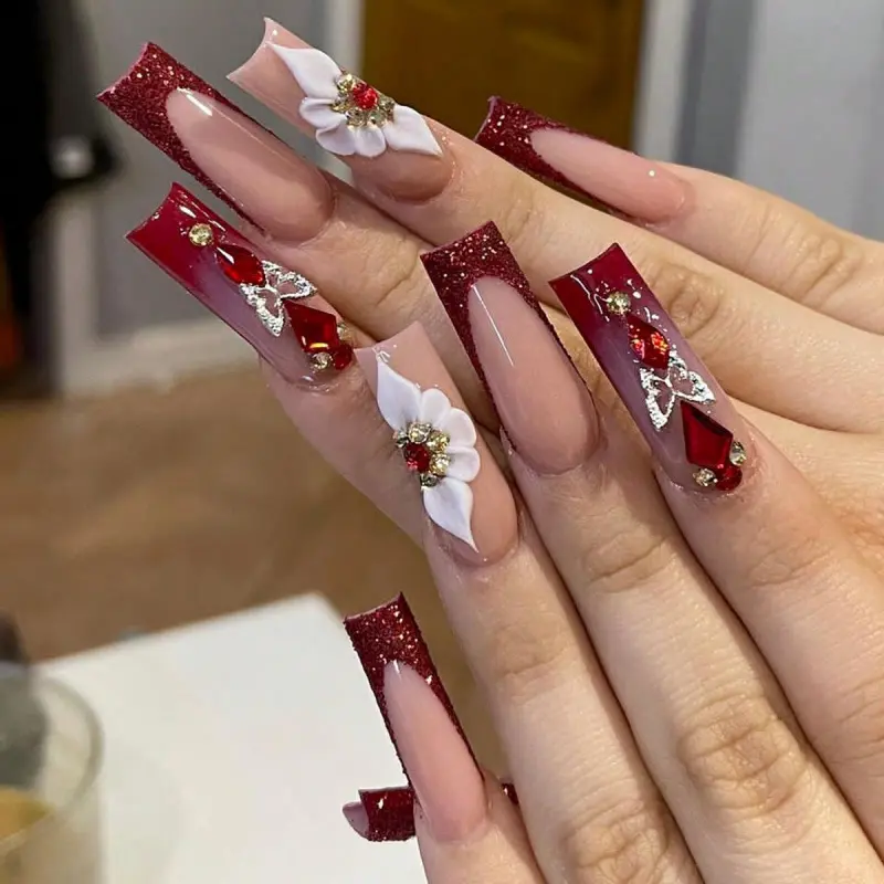 New Fall Winter Christmas Valentine's Day Long Nail Tips, Press-On Fake Nails, Glossy Fake Nails, Salon Quality Nails, Elegant Bow French Manicure, Nail Art, Reusable with Jelly Glue and File